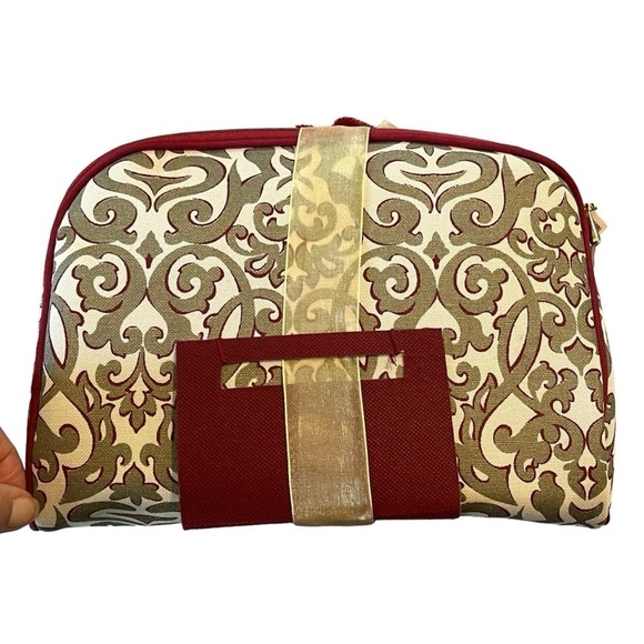Enchante’ Accessories Inc 3 Piece Cosmetic Bag Set Maroon Gold Tan Scroll Design - Picture 4 of 6